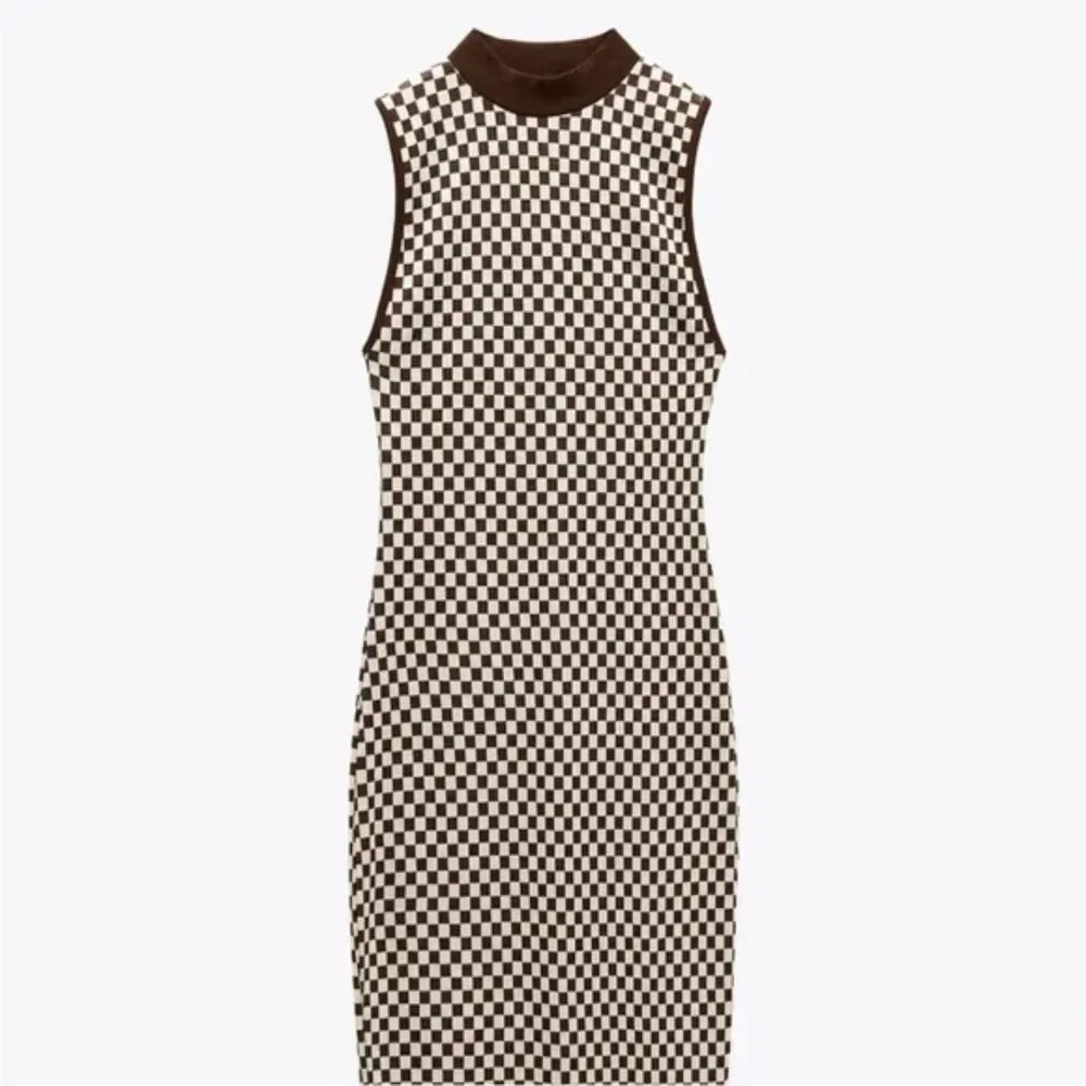 Zara Brown and White Checkered Midi Contour Dress - Picture 1 of 3